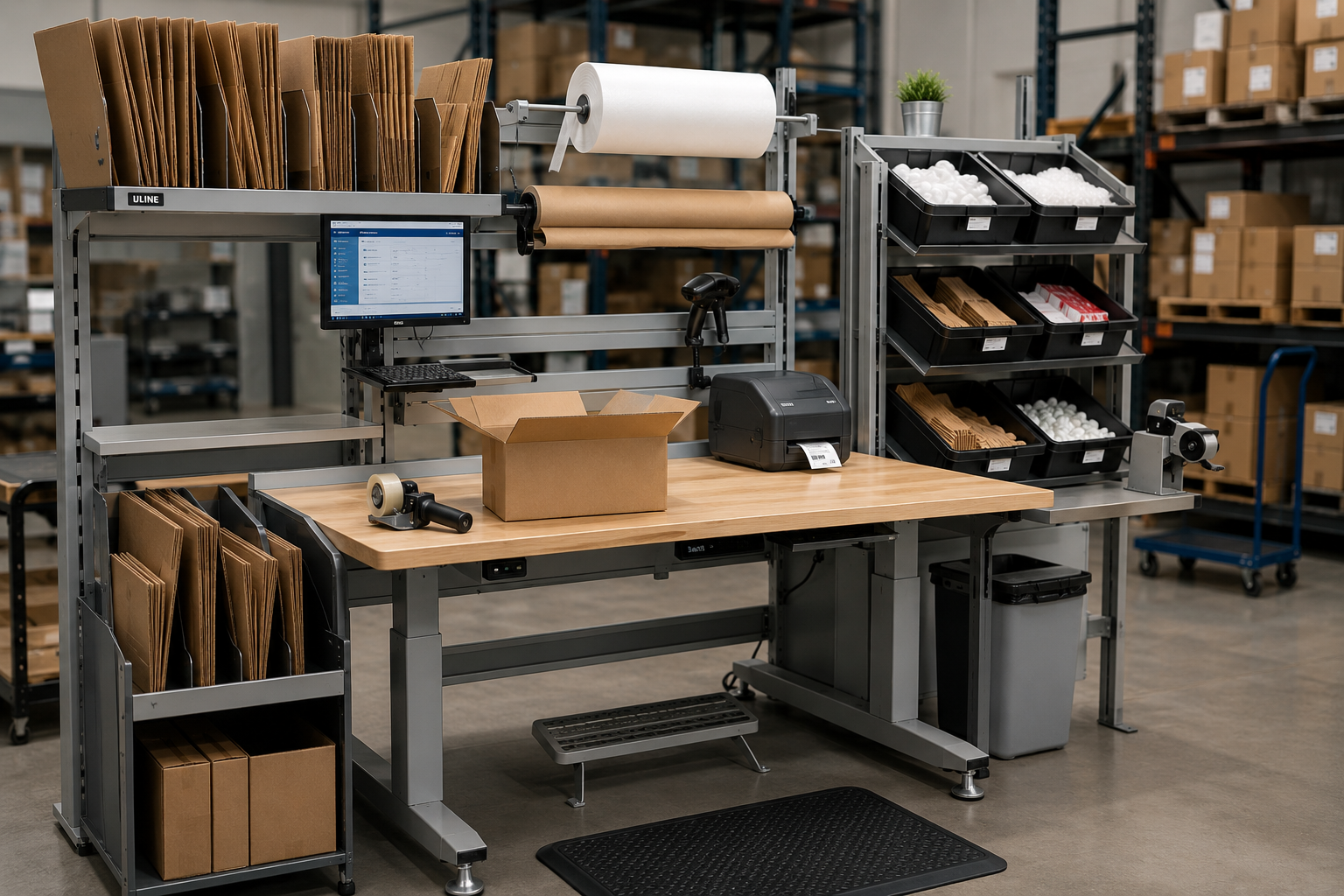 Organized ergonomic packaging workstation in a warehouse shipping department